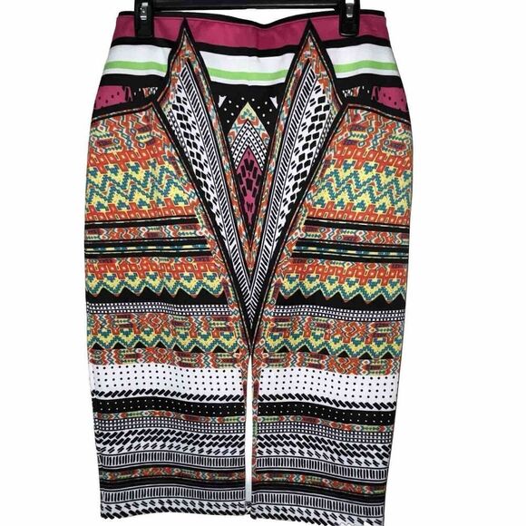 BISOU BISOU Michele Bohbot Pencil Skirt Size Med Multicolor Neon Aztec EUC - Picture 1 of 8